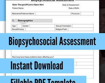 Biopsychosocial Assessment Template PDF, Fillable, Editable, Therapy Diagnostic Assessment Intake Form, Therapists, Mental Health