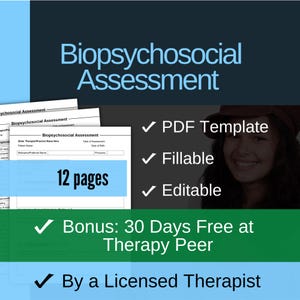 Biopsychosocial Assessment Template PDF, Fillable, Editable, Therapy Diagnostic Assessment Intake Form, Therapists, Mental Health