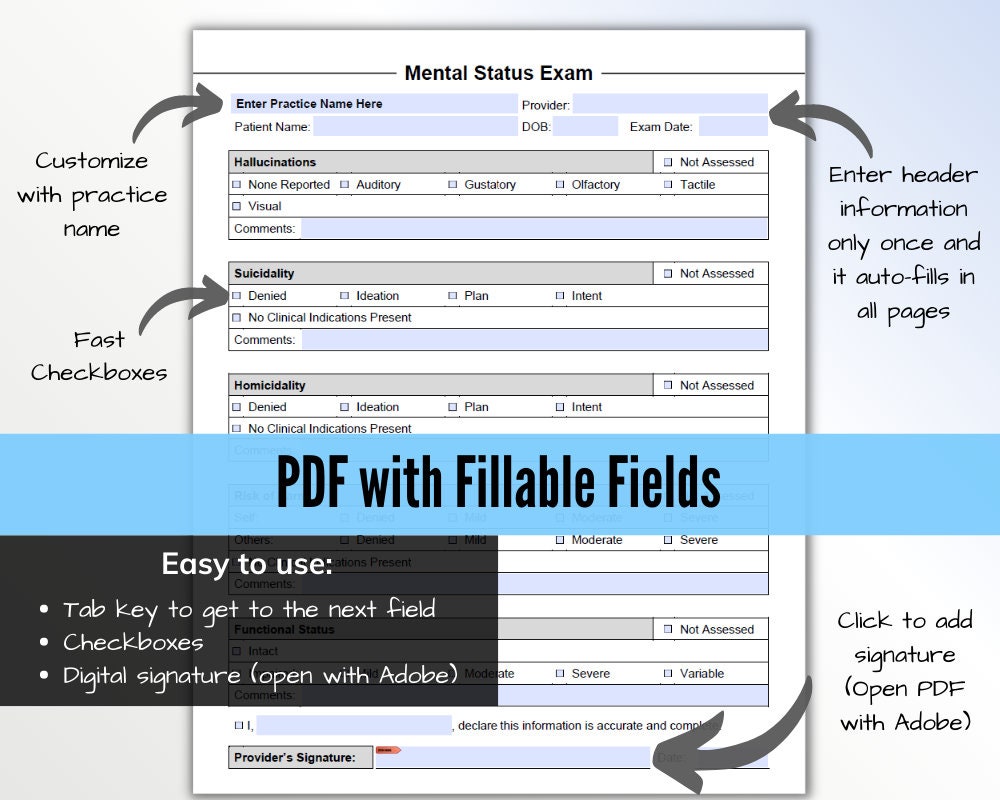 Mental Status Exam Template for Therapists, PDF - Fillable & Editable ...