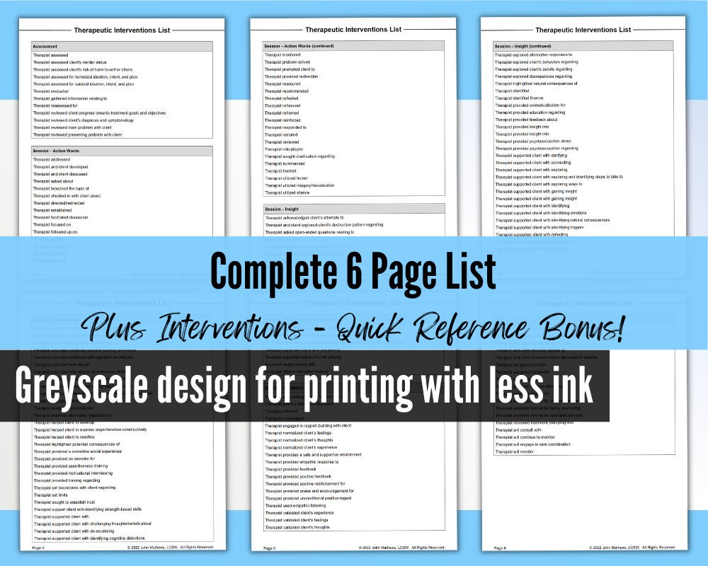 Therapeutic Interventions List for Therapists Reference for Etsy