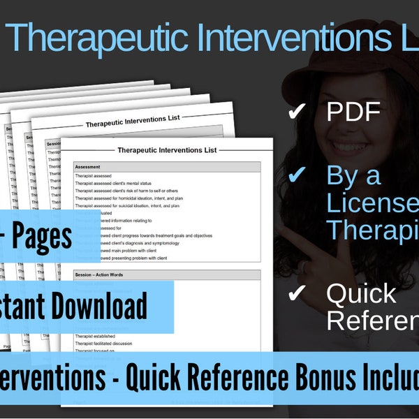Therapeutic Interventions List for Therapists, Reference for Progress Notes, PDF, Printable, Social Workers, Psychiatrists, Mental Health