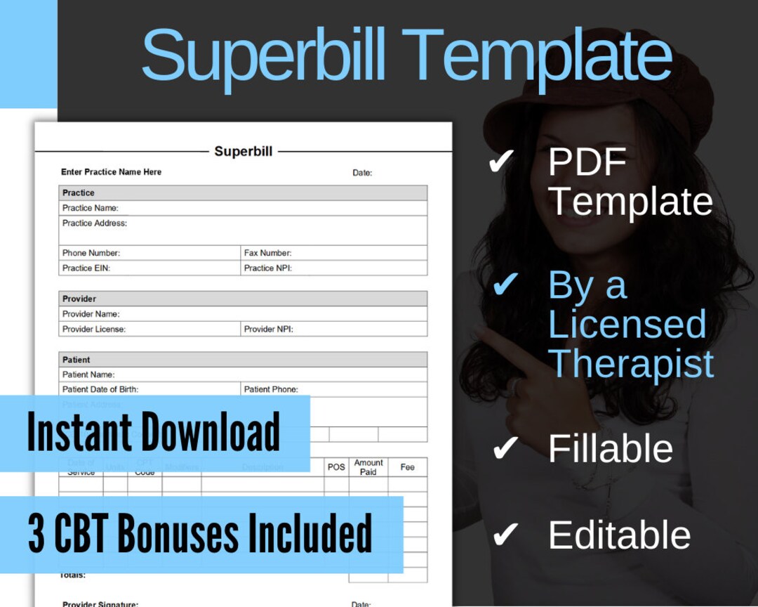 Superbill Template for Therapists, PDF, Fillable, Editable, Printable