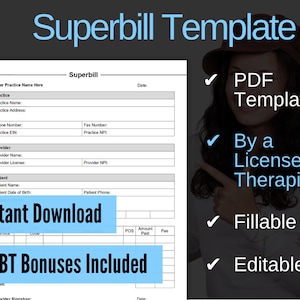 Superbill Template for Therapists, PDF, Fillable, Editable, Printable, Social Work, Psychiatrists, Mental Health, Counselors, Psychologists