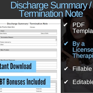 Discharge Summary Template, Termination Note for Therapists, PDF, Fillable, Editable, Printable, Social Work, Psychiatrists, Mental Health