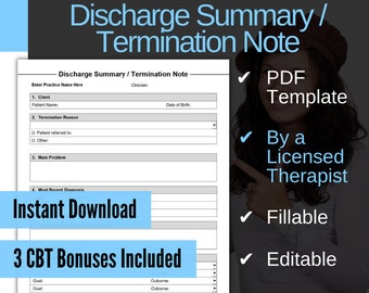 Discharge Summary Template, Termination Note for Therapists, PDF, Fillable, Editable, Printable, Social Work, Psychiatrists, Mental Health
