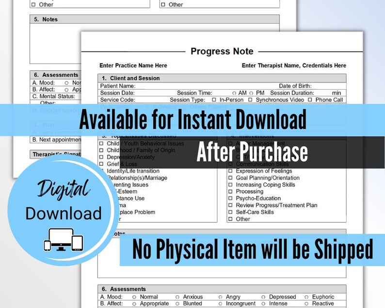 Progress Note Template for Therapists, PDF - Fillable & Editable ...