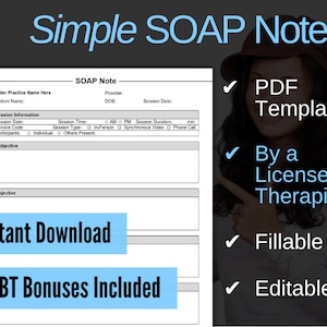Simple SOAP Note Template for Therapists, PDF - Fillable & Editable, Printable, Social Workers, Psychiatrists, Mental Health, Counselors