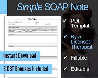 Plantilla de nota SOAP simple para terapeutas (PDF, rellenable, editable e imprimible). Trabajadores sociales, psiquiatras, profesionales de la salud mental y consejeros.