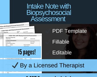 Intake Note with Biopsychosocial Assessment Template PDF | Fillable & Editable | Therapy Diagnostic Assessment Intake Form | Mental Health