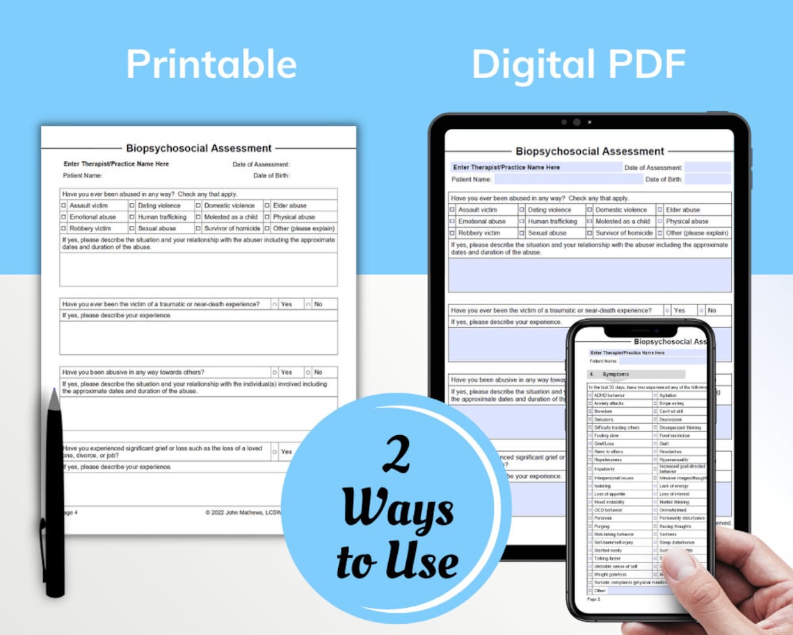 Biopsychosocial Assessment Template PDF Fillable & Editable - Etsy