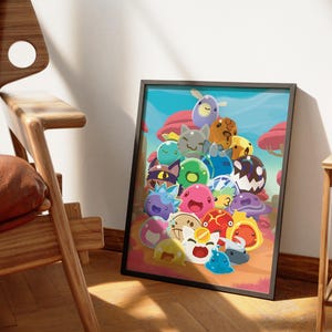 May include: A colorful illustration of a group of cartoon characters, resembling slime creatures, stacked on top of each other. The characters are various colors, including pink, green, blue, yellow, and orange. The background is a light blue sky with clouds and a few trees.