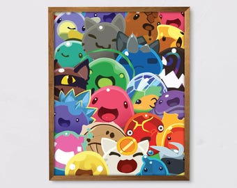 May include: A colorful print featuring a variety of cartoon slime characters in different colors and shapes. The characters have different expressions and are arranged in a random pattern.