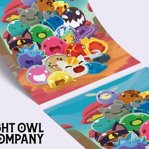 May include: A colorful illustration of a group of cartoon slime creatures, with various colors and textures, on a light orange background. The slime creatures are arranged in a cluster, with some overlapping others. The illustration is a whimsical and playful depiction of these creatures.
