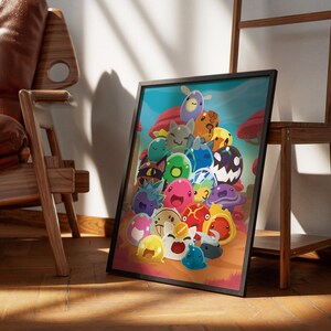 May include: A colorful illustration of a group of cartoon characters, resembling slime, in various colors and poses. The characters are arranged in a pile, with some standing on top of others. The background is a blue sky with clouds and a few trees.