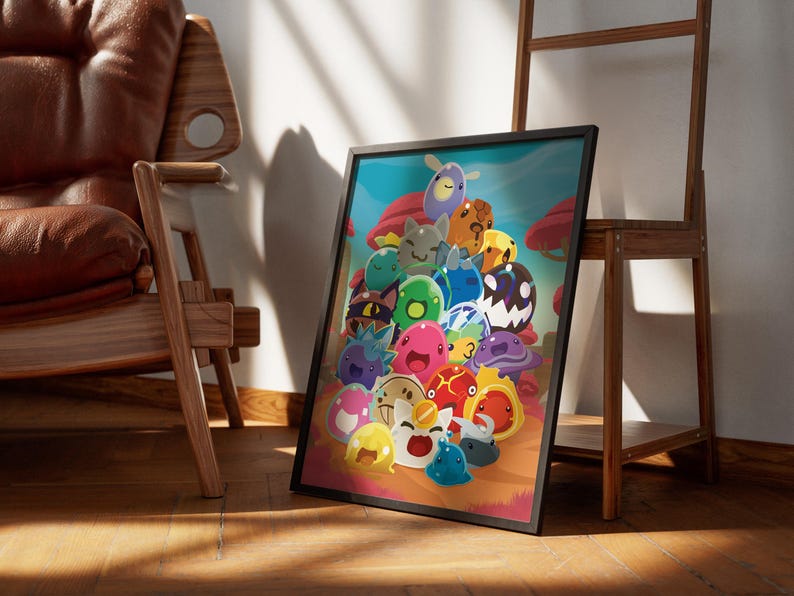 May include: A colorful illustration of a group of cartoon characters, resembling slime, in various colors and poses. The characters are arranged in a pile, with some standing on top of others. The background is a blue sky with clouds and a few trees.