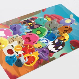 May include: A colorful illustration of various slime-like creatures, known as "Slimes", from the video game "Slime Rancher". The Slimes are arranged in a cluster, with some on top of others, and are depicted in a variety of colors, including pink, blue, green, yellow, and orange.