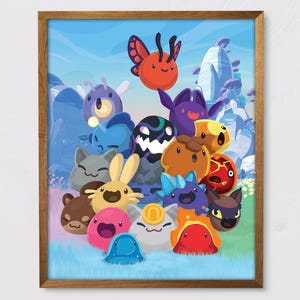 Puede incluir: Una ilustración colorida de un grupo de criaturas de slime de dibujos animados, que incluye un slime mariposa rojo, un slime morado con una corona, un slime marrón con una flor y un slime azul con una estrella. Todos los slimes sonríen y parecen ser amigos.