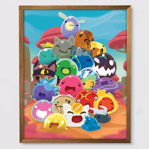 May include: A colorful illustration of a group of cartoon characters, mostly round and resembling slime, with various colors and expressions. The characters are arranged in a pyramid shape, with a blue character at the top and a yellow character at the bottom.