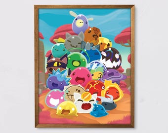 May include: A colorful illustration of a group of cartoon characters, mostly round and resembling slime, with various colors and expressions. The characters are arranged in a pyramid shape, with a blue character at the top and a yellow character at the bottom.