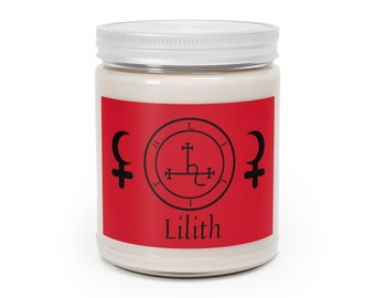 May include: A white candle jar with a red label. The label features a black sigil with the word "Lilith" printed below it.