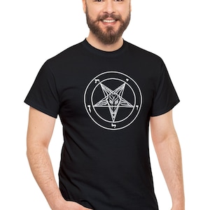 Baphomet Hail Satan Two-sided Print T-Shirt, Occult Pagan Short Sleeve Shirt,  Satan Lucifer Black Tee