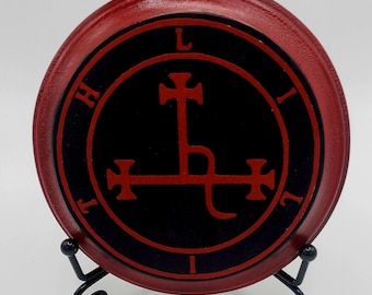 Red Lilith Sigil on Red/Black Wood Altar Plaque with stand: Satanic Home Decor