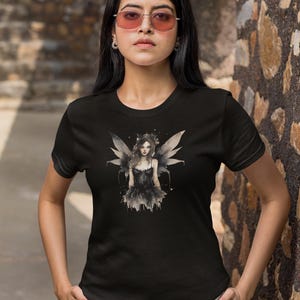 Dark Fairy with Wings T-Shirt, Unisex Tee, Fantasy Graphic Top, Magical Creature Shirt, Goth Fairy Apparel
