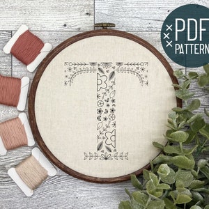 Floral Embroidery Alphabet Letter T | PDF Pattern Digital Download | Beginner Embroidery Gift | Embroidered Initial Monogram