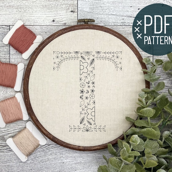 Lettre de l'alphabet à broderie florale T | Modèle PDF en téléchargement numérique | Cadeau de broderie pour débutant | Monogramme initial brodé