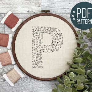 Floral Botânico Bordado Alfabeto Letra P | Monograma Inicial Bordado Padrão PDF