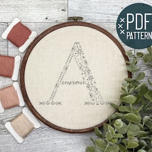 Floral Alphabet Letter A Hand Embroidery Pattern Design PDF Digital Download