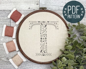 Floral Embroidery Alphabet Letter T | PDF Pattern Digital Download | Beginner Embroidery Gift | Embroidered Initial Monogram