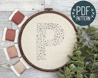 Lettre de l'alphabet à broderie botanique florale | Motif de broderie initiale monogramme PDF
