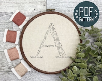 Floral Alphabet Letter A Hand Embroidery Pattern Design PDF Digital Download