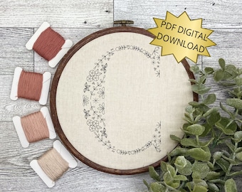 Floral Alphabet Letter C Hand Embroidery Pattern PDF Digital Download