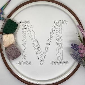 Embroidery Pattern | Alphabet Letter | Floral Initial M | PDF Digital Download