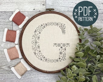 Motif de broderie floral pour la lettre « G » | Broderie alphabet à la main pour débutants | Téléchargement numérique PDF
