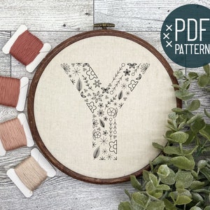 Floral Botanical Embroidery Alphabet Letter Y | Monogram Initial Embroidery Pattern PDF