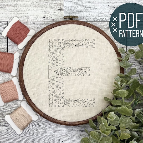 Floral Alphabet Letter E Initial Embroidery PDF Pattern, Instant Digital Download, Floral Monogram Embroidery for Beginners, Hand Embroidery