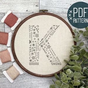 Floral Alphabet Initial Embroidery PDF Pattern, Instant Digital Download, Floral Monogram Embroidery for Beginners, Hand Embroidery Letter K