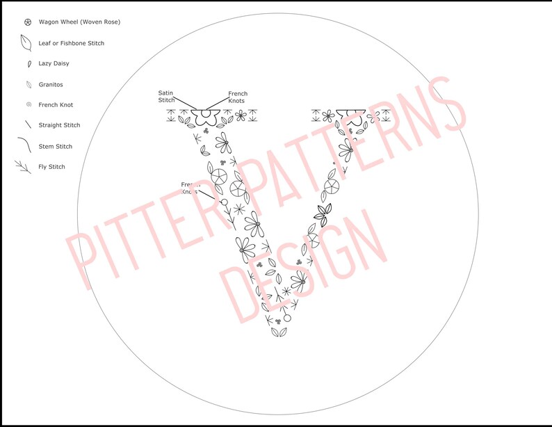 Floral Alphabet Letter V Hand Embroidery Pattern Design for Embroidered ...
