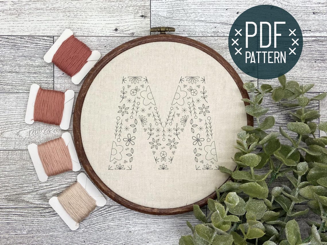 Letter M Pattern Design Floral Alphabet Letter M Hand Embroidery Pattern Design PDF Digital ...
