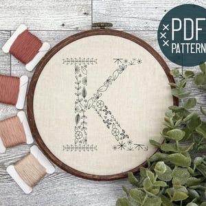 Floral Alphabet Letter K Initial Embroidery PDF Pattern, Instant Digital Download, Floral Monogram Embroidery for Beginners, Hand Embroidery