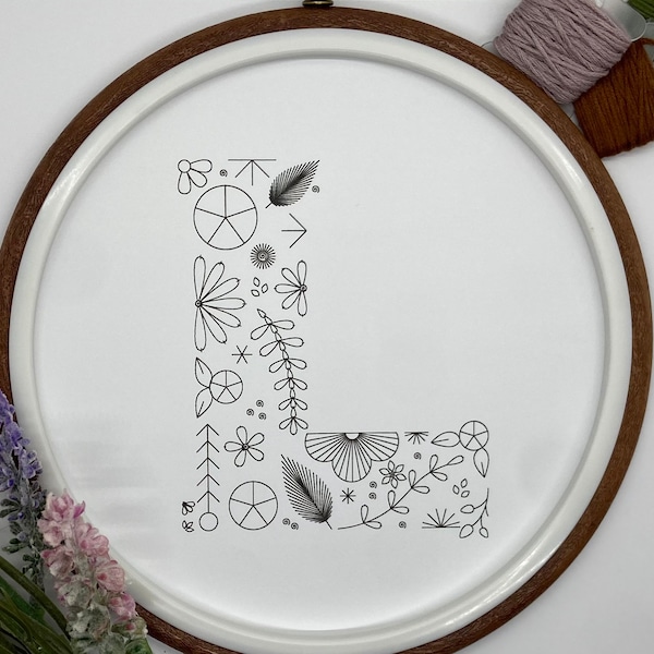 Floral Alphabet Letter L Initial Embroidery PDF Pattern, Instant Digital Download, Floral Monogram Embroidery for Beginners, Hand Embroidery