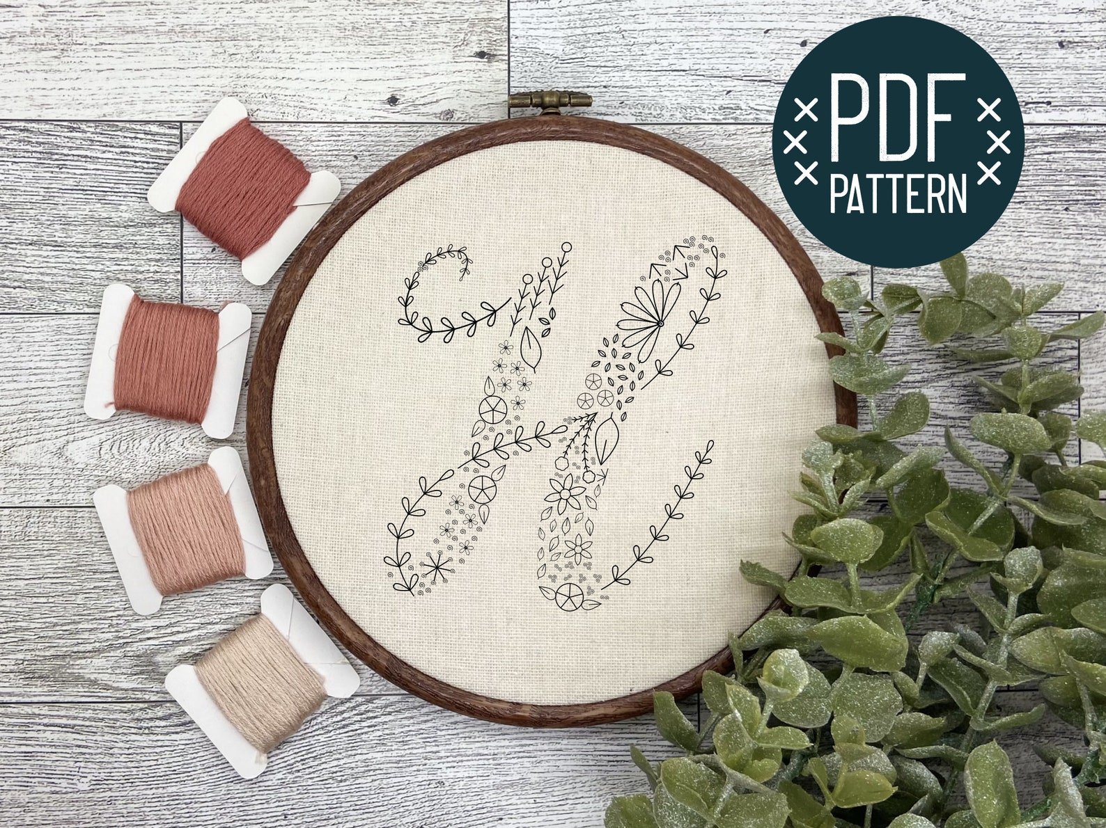 Floral Letter H Initial Embroidery Pattern PDF Download Etsy