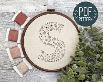 Floral Alphabet Initial Embroidery PDF Pattern, Instant Digital Download, Floral Monogram Embroidery for Beginners, Hand Embroidery Letter S