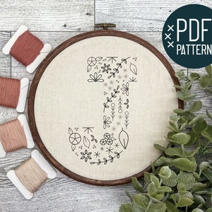 Floral Alphabet Initial Embroidery PDF Pattern, Instant Digital Download, Floral Monogram Embroidery for Beginners, Hand Embroidery Letter J