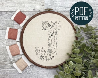 Floral Alphabet Initial Embroidery PDF Pattern, Instant Digital Download, Floral Monogram Embroidery for Beginners, Hand Embroidery Letter J