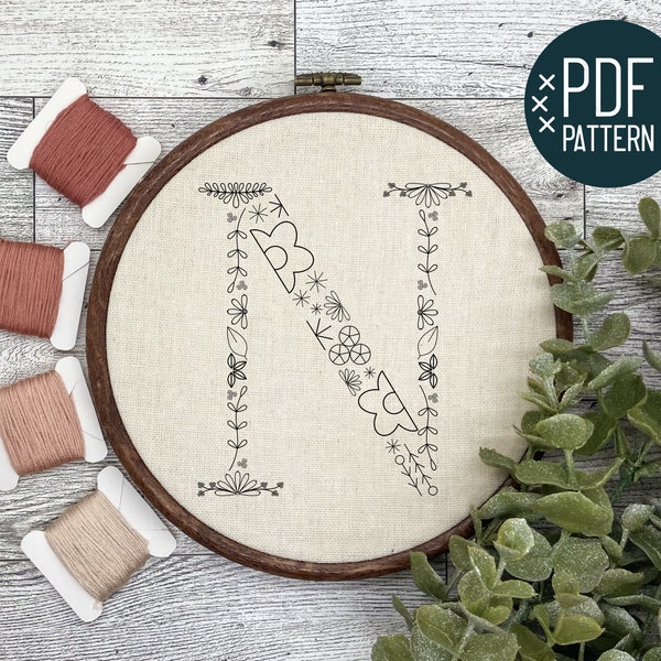 Floral Alphabet Letter N Hand Embroidery Pattern PDF Digital Download