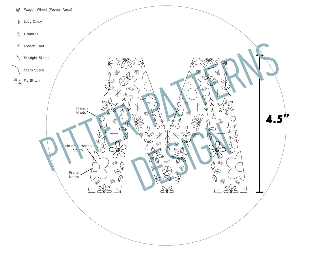 Letter M Pattern Design Floral Alphabet Letter M Hand Embroidery Pattern Design PDF Digital ...